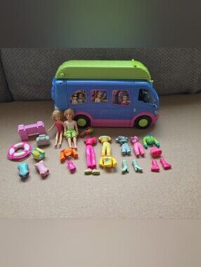 Vintage Polly Pocket Blue Camper Van Playset + 2 Dolls Clothes/ Accessories